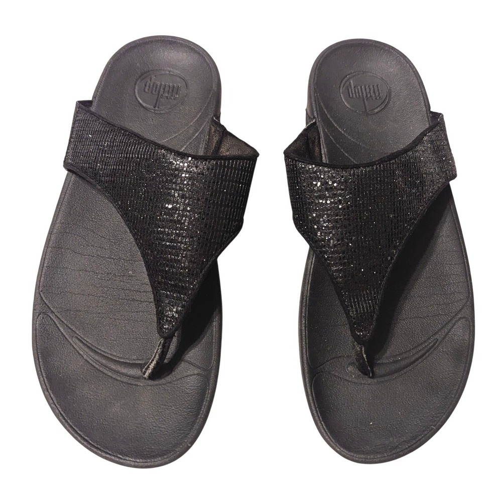 FitFlop Sz 7 LULU Glitter‎ Toe-Post Sandals Microwobbleboard Black Wedge 639-001